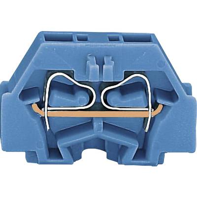 Blue electrical terminal block with two contacts and wire connections, side mounting bracket visible.
