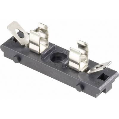 'Flat electrical fuse holder with metal contacts and plastic base. Suitable for holding and securing a flat fuse.'