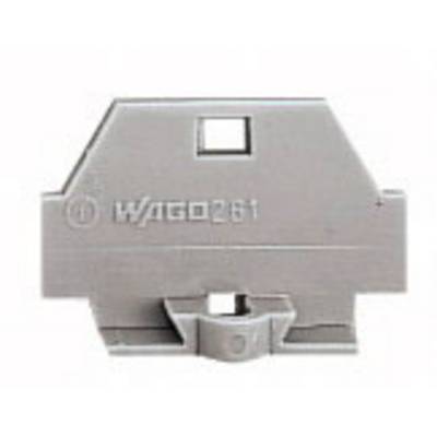 Grey end plate for a terminal block, marked with the inscription 'WAGO 261', rectangular shape with a central square hole.