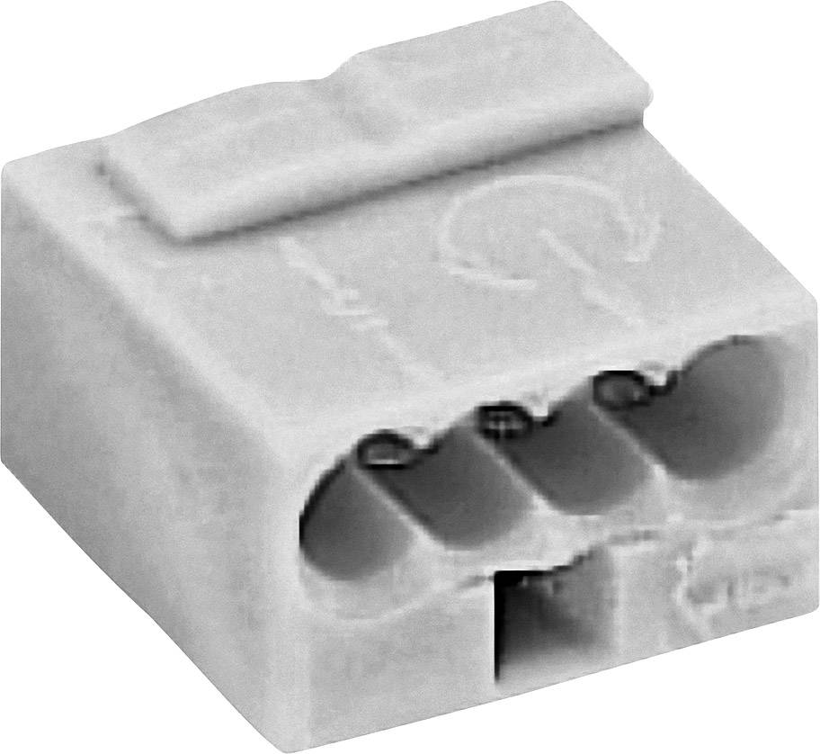 A white electrical connector with four openings for wire connections.