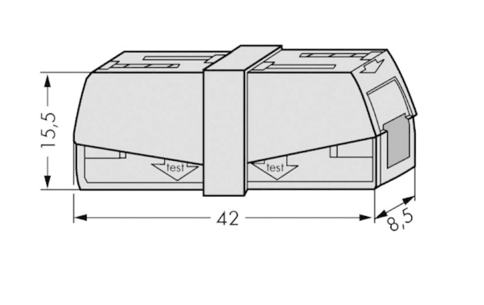 Technical drawing of a rectangular component with dimensions 15.5 x 42 x 8.5 mm. 'Test' is written on two internal arrows.