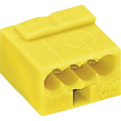 Yellow cable connector with four connection openings, suitable for connecting multiple electrical cables.