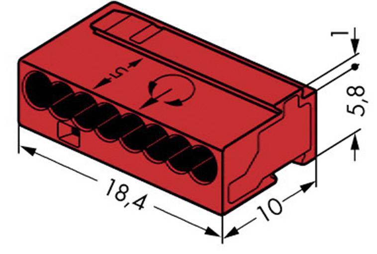 Red terminal block with six connection holes, dimensions: width 18.4 mm, depth 10 mm, height 5.8 mm. Rotary symbol indicates directional instruction.