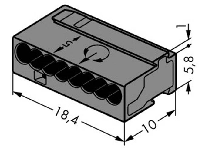 Connector with labelled dimensions: 18.4 mm length, 10 mm width, 5.8 mm height; shows arrows indicating the direction of connector insertion.
