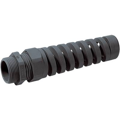 A black plastic cable grommet with a spiral protective sleeve that safeguards cables from bending.