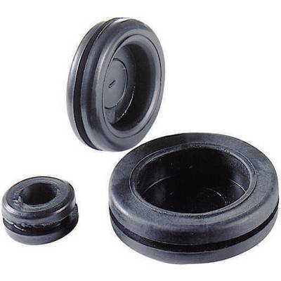 Three black rubber grommets in various sizes. The grommets are round and disc-shaped, with an opening in the centre.