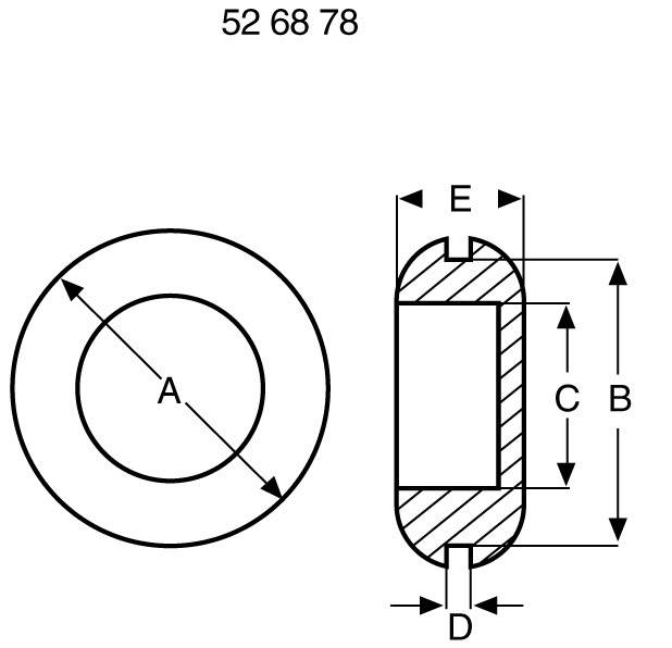 Technical drawing of a bearing with diameter A, height B and C, width D, and specific edge width E.
