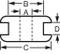 Technical drawing of a component with marked dimensions A, B, C and D. Arrows indicate the directions and distances of the dimensions.