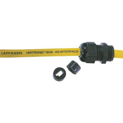Yellow UNITRONIC-BUS cable with 'LAPP KABEL' printed on it. Cable connected to a black cable gland system, surrounded by two black sealing rings.