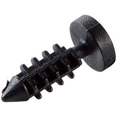 Black plastic fixing clip with a round head and ribbed shaft for secure anchoring in pre-drilled holes.