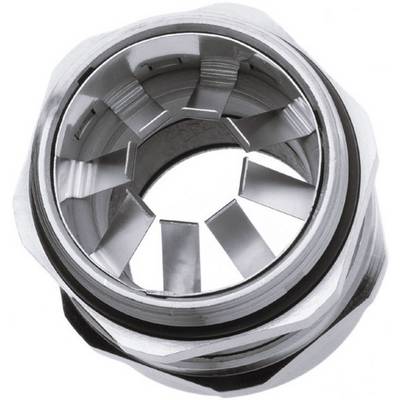 Metal connector nut with serrated internal grooves, used for securing cables or hoses to machines and equipment.