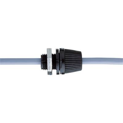A black cable connector with ribbed sides encircles a blue cable and is secured with a nut.