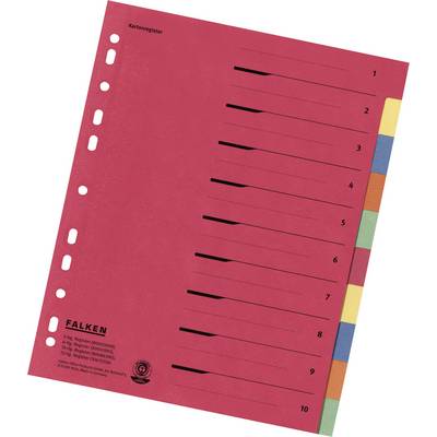 A red register sheet with ten numbered and colour-coded dividers from 1 to 10. Text 'FALKEN' in the bottom left corner.