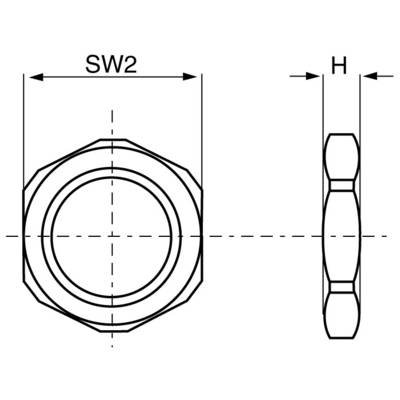 Technical drawing of a hexagonal nut with SW2 dimension for width and H for height, side and top view shown.