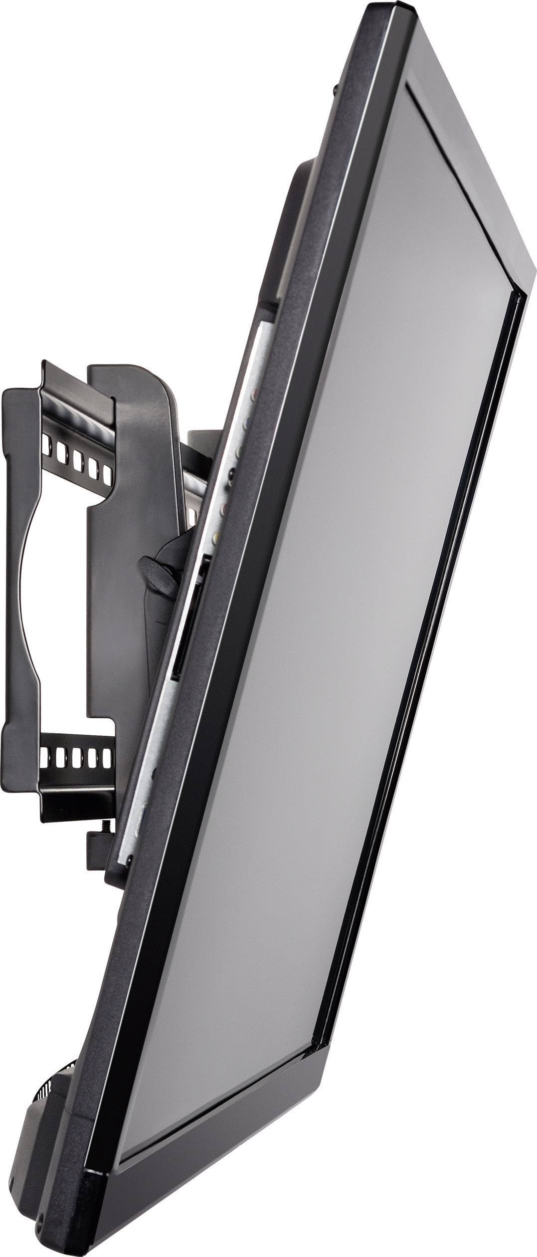 A black flat-screen monitor is mounted on an adjustable wall bracket and is positioned in profile.