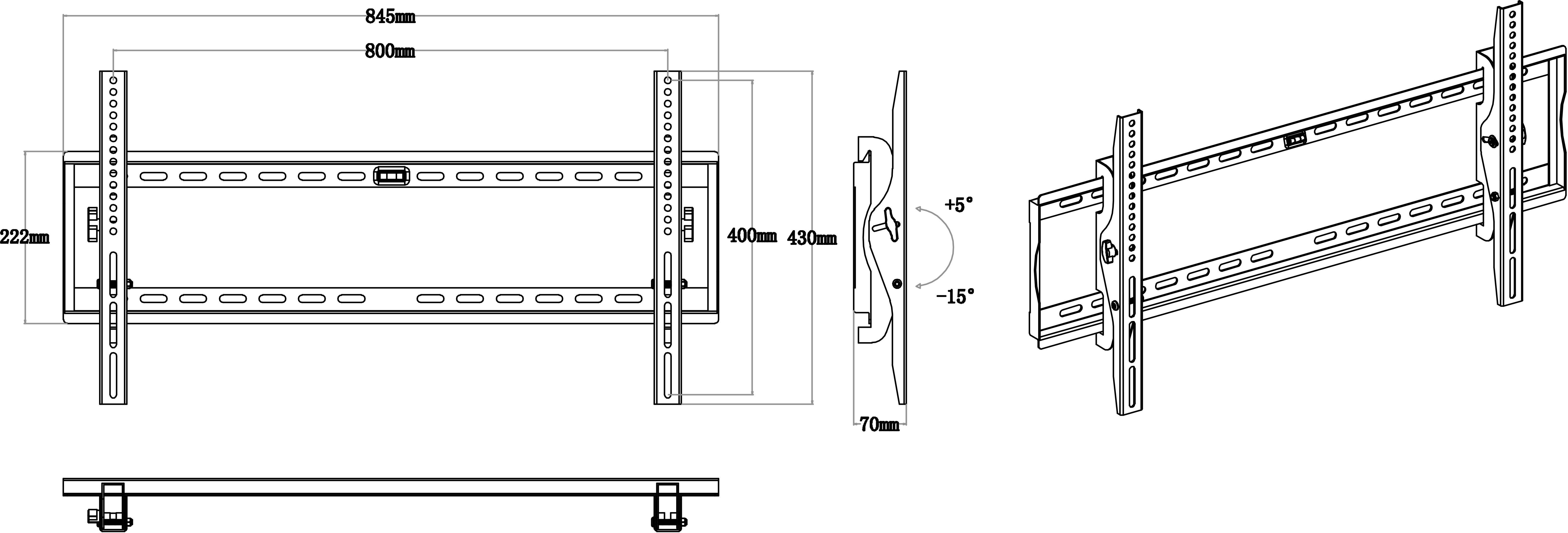 TV Wall Mount: Technical Drawing with Dimensions. Maximum Screen Size 800mm. Tiltable from +15 to -15 Degrees.
