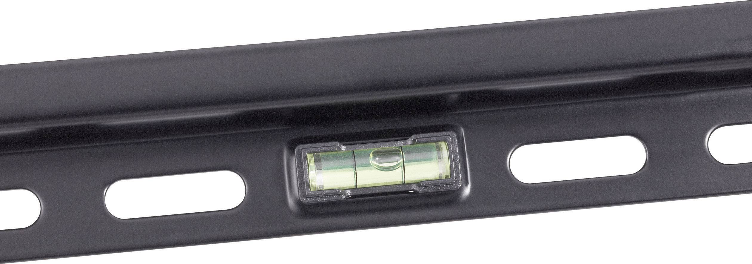 A spirit level is integrated into a black metal bracket. The green liquid indicates a horizontal alignment.