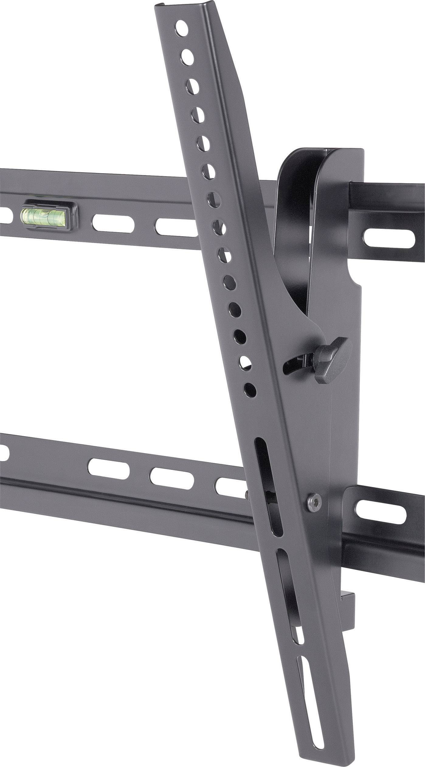 Black, tiltable TV wall mount with integrated spirit level, enables precise alignment and secure mounting for televisions.