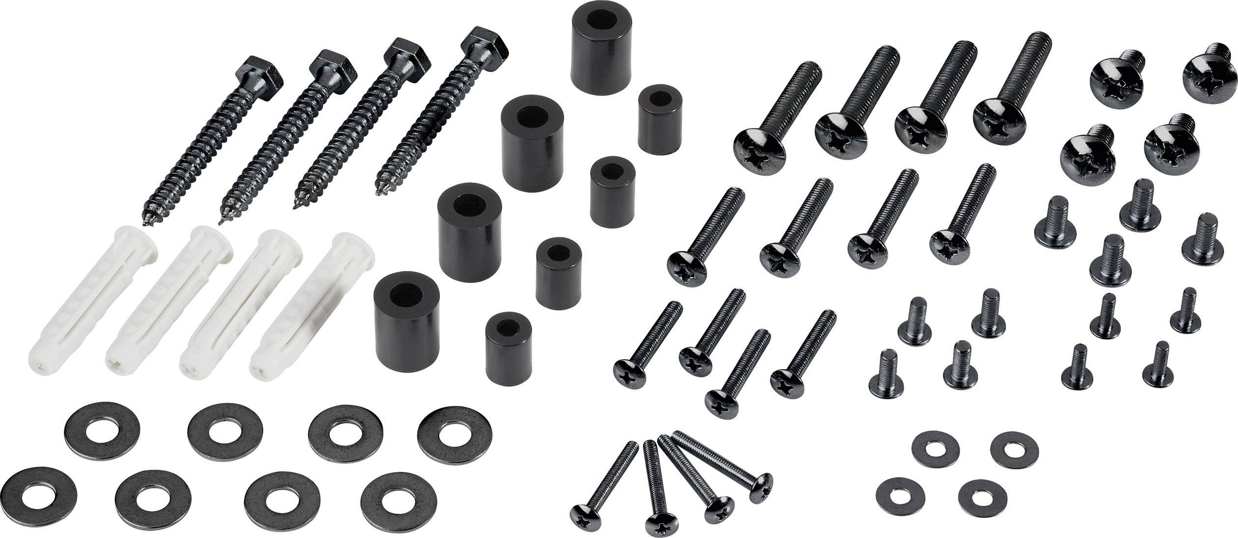 Various screws, wall plugs and washers, organised in groups on a white background. Ideal for different fixing purposes.