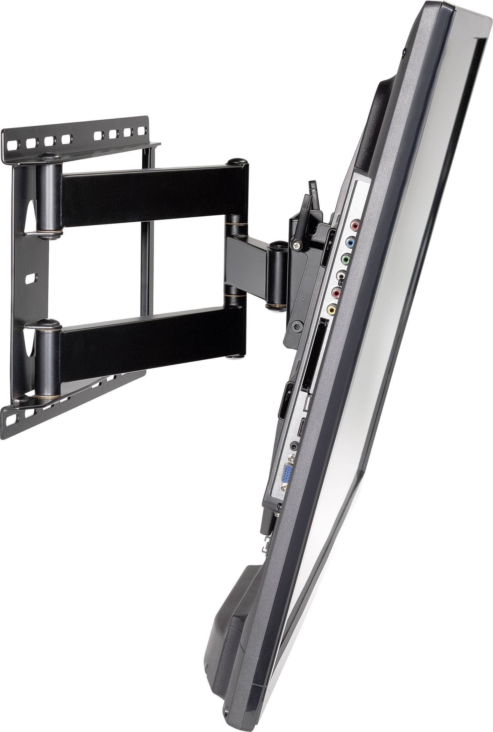 A television mounted on an extendable wall bracket, side view showing the connection ports on the device.