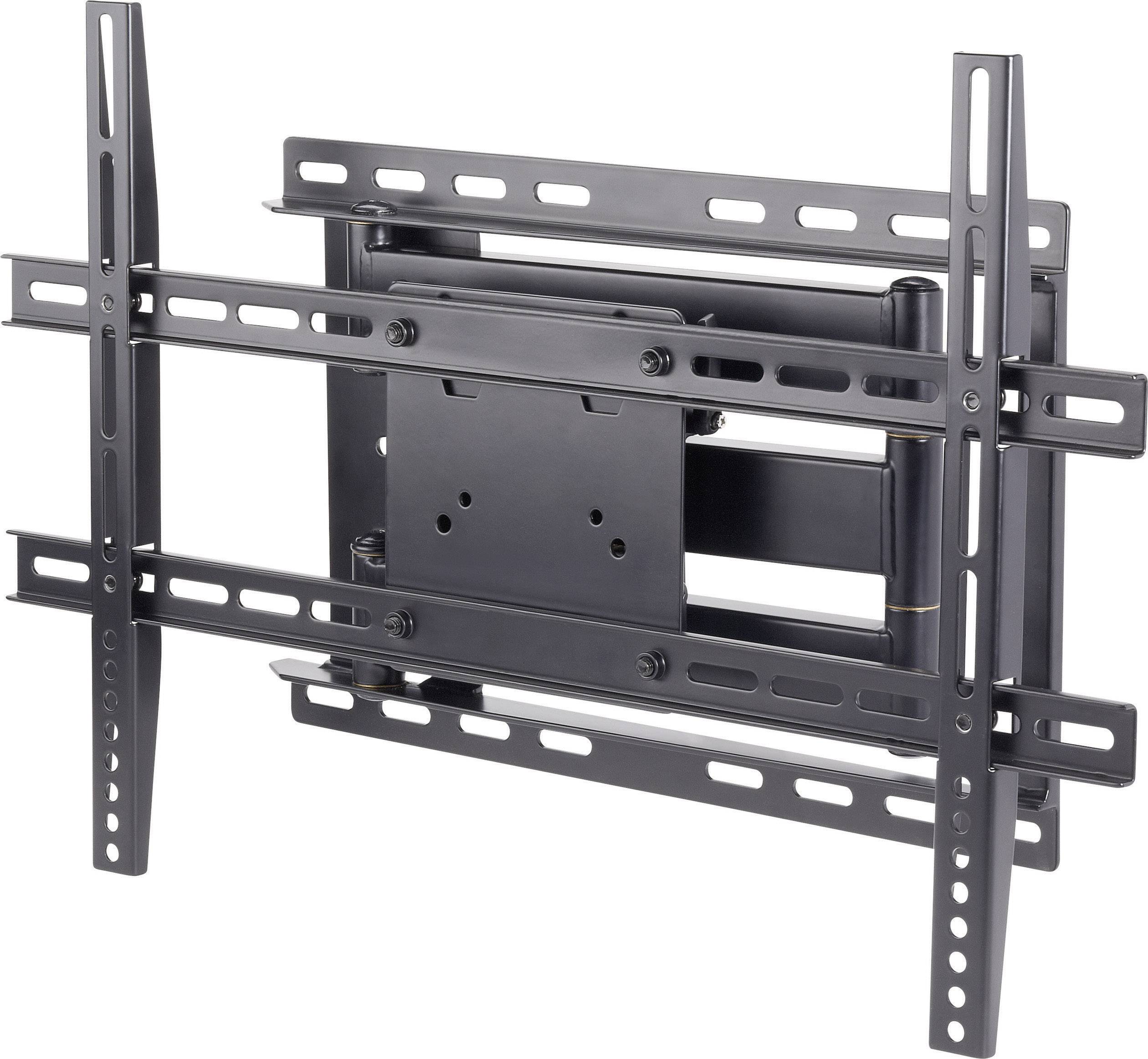 A black, adjustable TV wall mount with multiple struts for securing different screen sizes.