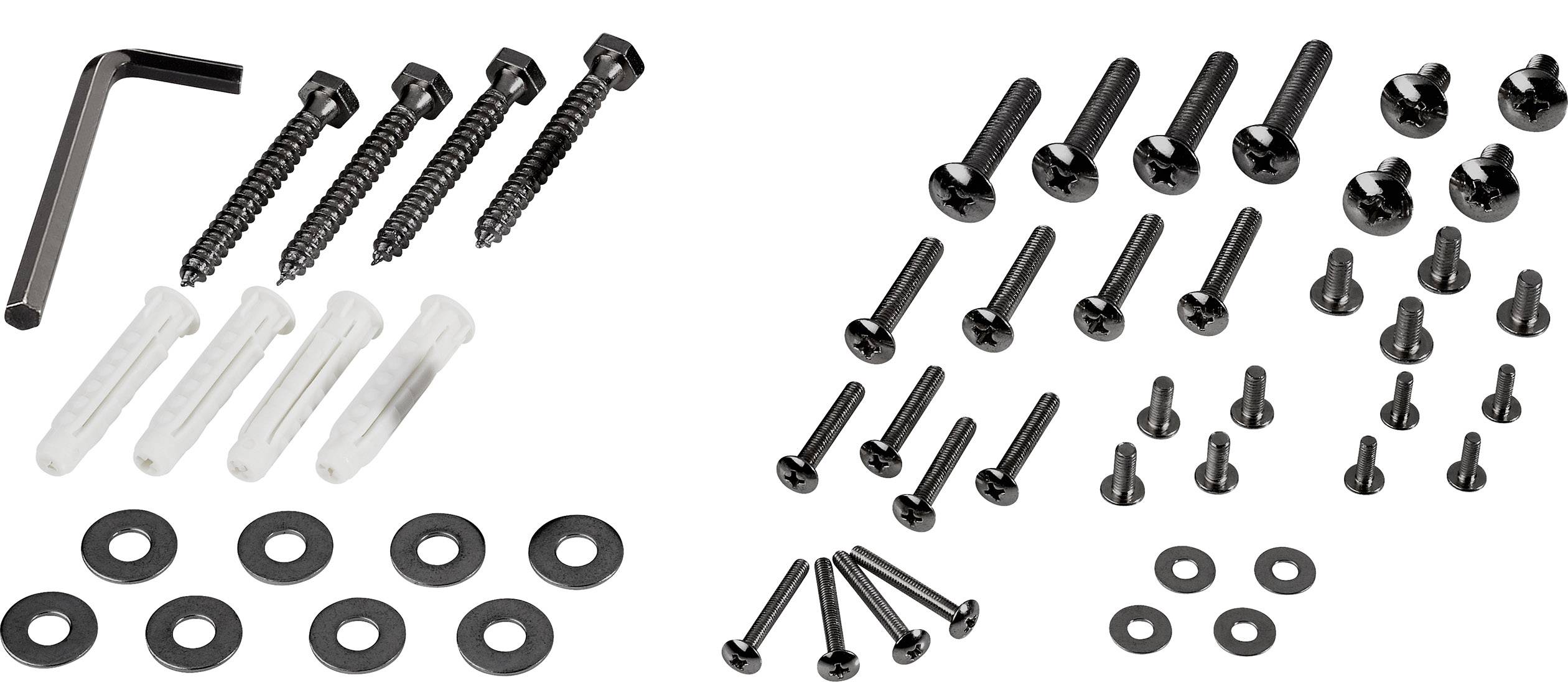 A set of screws, wall plugs and an Allen key. On the left, four large screws with wall plugs, on the right several small screws and washers.