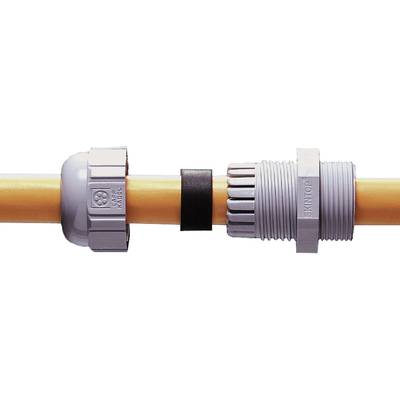 A cable gland connects an orange cable with a grey plastic device to secure it firmly.