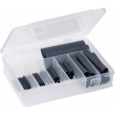 A transparent box containing various sizes of black heat-shrink tubing in separate compartments.