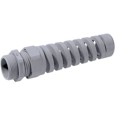 Grey cable gland with spiral protection, suitable for bundling and relieving strain on cables, industrial design.