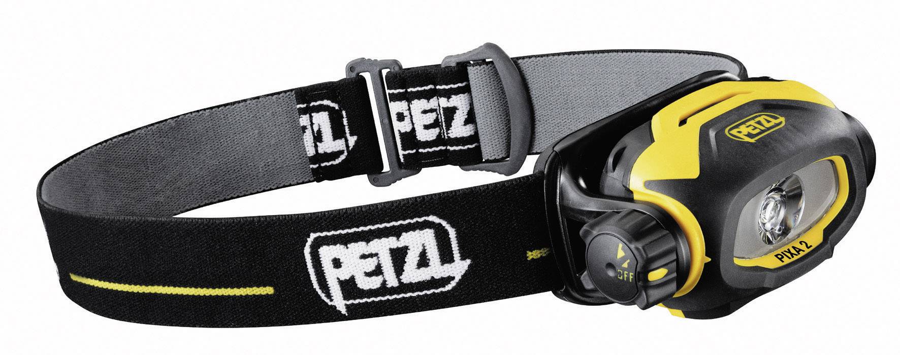 Black and yellow Petzl head torch with adjustable elastic strap for easy fitting. Perfect for outdoor activities.