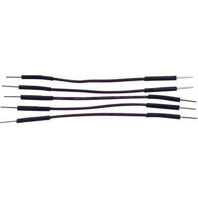 Six black wire jumpers with metal ends arranged in parallel on a white background.