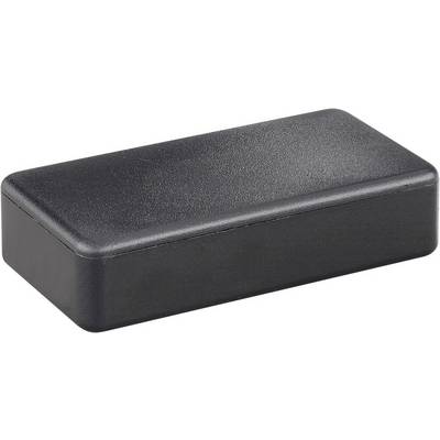 A rectangular, black enclosure without visible inscriptions or markings, lying on a neutral surface.