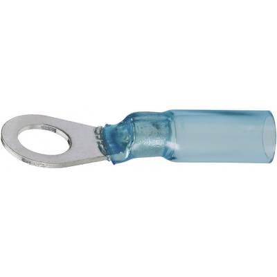 A blue cable lug as a ring terminal with an insulated sleeve, used to securely fasten electrical connections.
