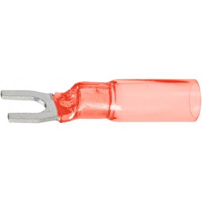A cable crimping connector with a red insulator and fork terminal. It is used for securely connecting electrical cables.