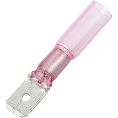 A red cable lug with a metal tag, used for electrical connection.