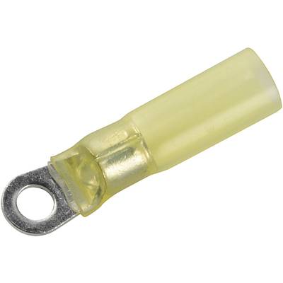 Electrical Cable Lug: A yellow, insulated metal and plastic ring cable lug, used for connecting cables to screw terminals.