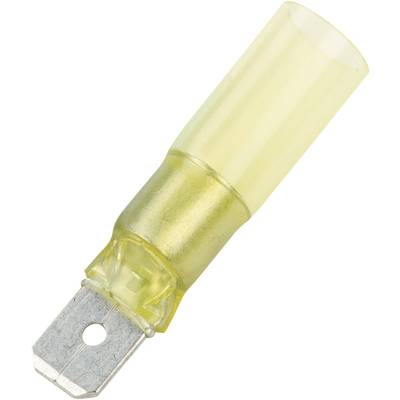 A yellow, isolated flat blade terminal connector made of metal and plastic, used for securely connecting electrical wires.