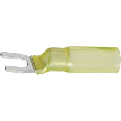 A yellow fork cable lug with an insulated sleeve, used for connecting cables to screw terminals, for electrical applications.