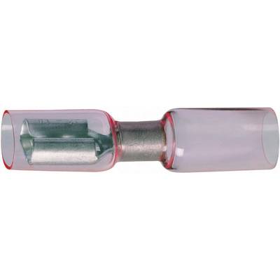 A red, heat-shrinkable solder cable connector with a metal sleeve in the middle for securely connecting electrical conductors.