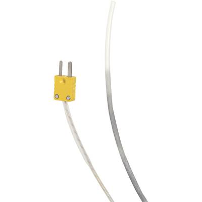 A yellow thermocouple with a metal plug at the end. It has a long, insulated cable used for temperature measurement.