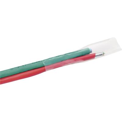 Two electrical cables, one red and the other green, are bundled together in a transparent heat shrink tube.