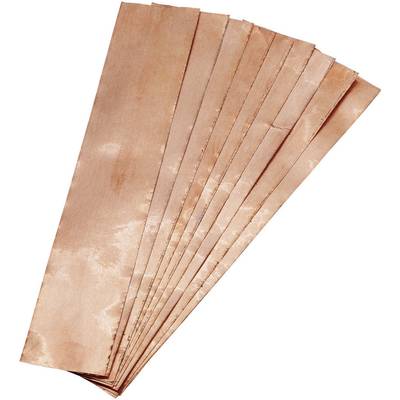 Several copper sheets fanned out in a fan-like arrangement, displaying their gleaming surface, which is suitable for electronics or DIY projects.