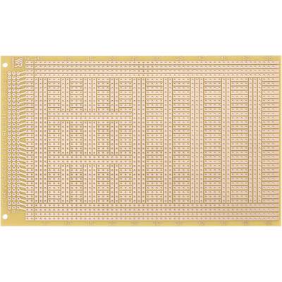 A rectangular, unpopulated breadboard with parallel trackways and numerous connection holes for electronic components.