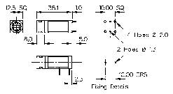 Technical drawing of a cylindrical object with dimensions and mounting positions. Includes detailed view and attachment points.