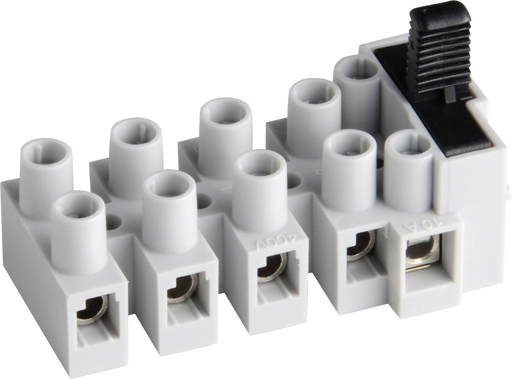 A white plastic terminal block with five terminals, one of which has a black lever. Used for electrical connections.