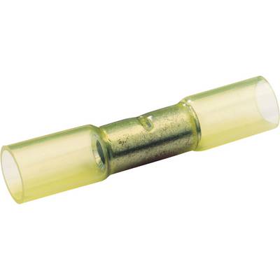 Yellow heat-shrink connector with metal core for electrical cable connection, ensures insulated and secure connection.