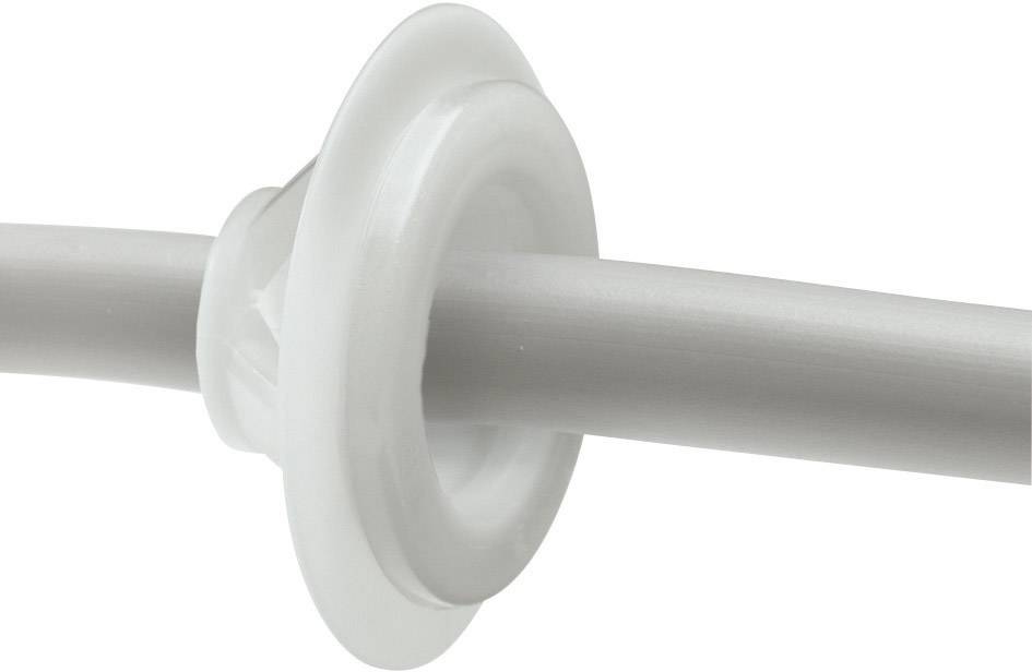 A grey curtain pole with a white end piece that serves as a wall bracket.