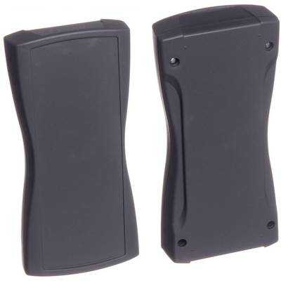 Two black remote controls with a curved design; one showing the front, the other the back with screw holes.