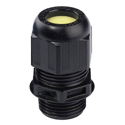 Black cable gland with cylindrical form and ribbed structure, suitable for protecting and securing cables.