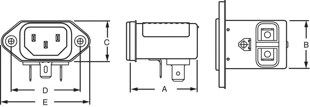 Technical drawing of a three-pole plug connection with dimensions: A, B, C, D, E. Shown in side view and front view.